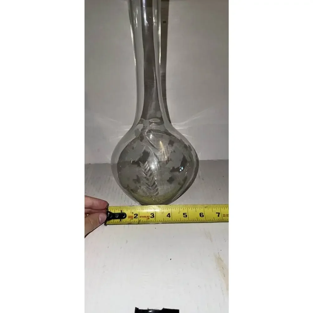 Vintage Excellent Condition Long Necked Etched Floral Design Decanter